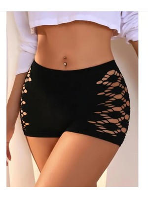 AGM Kadın Lazer Kesim Dalgıç Tayt , Şık Kısa Tayt , Siyah Lazar Kesim Mini Tayt