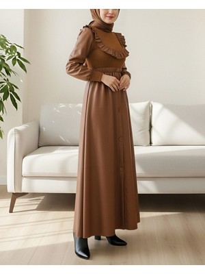 Modamorfo Önü Fırfırlı Triko Detaylı Deri Elbise -Taba