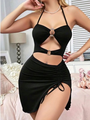 İlk El Grup Ieg™  Siyah Aksesuar ve Yırtmaç Detaylı Boyundan Bağlamalı Şık Tasarım Fantezi Elbise