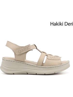 Gönderi(r) Kadın Bej  Cırt Bantlı Dolgu Topuk Hakiki Deri Sandalet