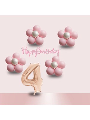 Tedaks 4 Yaş Pembe Papatya Temalı Rosegold Rakam Pembe Happy Birthday Banner Doğum Günü Süsleme
