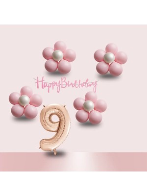 Tedaks 9 Yaş Pembe Papatya Temalı Rosegold Rakam Pembe Happy Birthday Banner Doğum Günü Süsleme