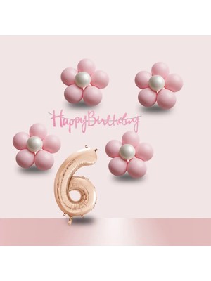 Tedaks 6 Yaş Pembe Papatya Temalı Rosegold Rakam Pembe Happy Birthday Banner Doğum Günü Süsleme