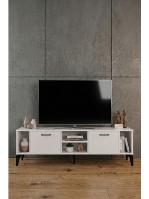 Gold Falez Tv Sehpası 160 cm Modern Çok Amaçlı Dolaplı Raflı Televizyon Ünitesi Linya 5044 Beyaz