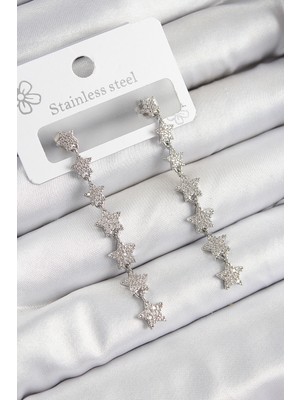 Store Mania Ieg™ Pirinç Zirkon Taşlı Sallantılı Yıldız Model Gümüş Renk Kadın Küpe