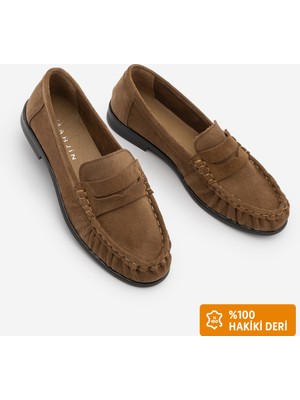 Marjin Kadın Hakiki Deri Oval Burun Makosen Dikişli Büzgülü Loafer Günlük Ayakkabı Lefora Camel Süet