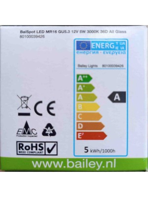 12 Volt 5 Watt LED MR16 Çanak Ampül Cam Gu5,3 Bailey 3000K Sarı Işık 420 Lümen Işık Gücü