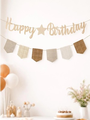 Parti Adresi Happy Birthday Kaligrafi Banner – Retro Ekose Bayraklı Doğum Günü Süsü Bej