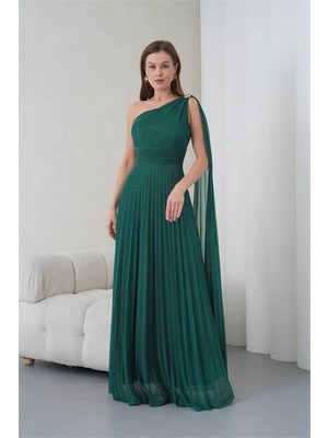 Neşeli Butik Kadın Yeşil Tek Omuz Tokalı Drape Detaylı Işıltılı Tül Kumaş Abiye Elbise NBS9388