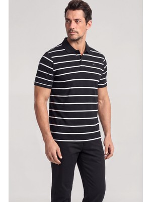 Paul & Shark Erkek Regular Fit Çizgili Metalik Logolu %100 Pamuklu Kısa Kollu Siyah-Beyaz Polo Yaka T-Shirt 25411233-337
