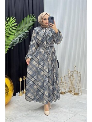 Neşeli Butik Kadın Mavi Ekose Desen Yaka Bağlama Detaylı Tül Kumaş Tesettür Elbise NMS087