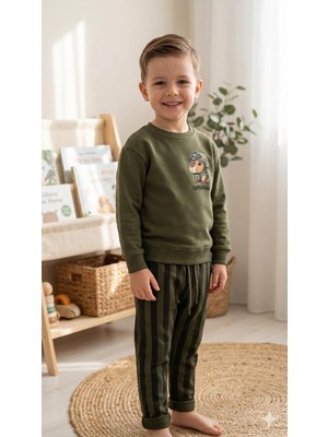 HaanBebe Erkek Çocuk Kapibara Baskılı Takım - Haki Yeşil Sweatshirt ve Çizgili Pantolon Ikili Set