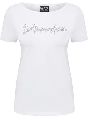 EA7 Kadın Normal Kalıp Taş Süslemeli Logo Desenli Esnek Pamuklu Kısa Kollu Beyaz T-Shirt 7W000978 AF10373-U0002