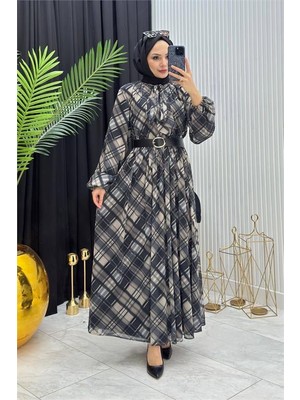 Neşeli Butik Kadın Siyah Ekose Desen Yaka Bağlama Detaylı Tül Kumaş Tesettür Elbise NMS087