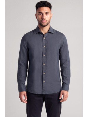 Paul & Shark Erkek Dar Kalıp Dokulu Uzun Kollu Keten Mavi Gömlek 26413172CF-013