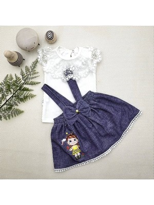 Uravas Store 1-2-3 Yaş Bayan Arı Nakışlı Kot Desenli Etek Pamuklu Kumaş 2li Kız Bebek Spet Takımı Lacivert