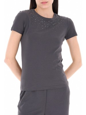 EA7 Kadın Yapay Elmas Desenli Yuvarlak Yakalı Kısa Kollu Gri T-Shirt 7W001463 AF14880-U8111