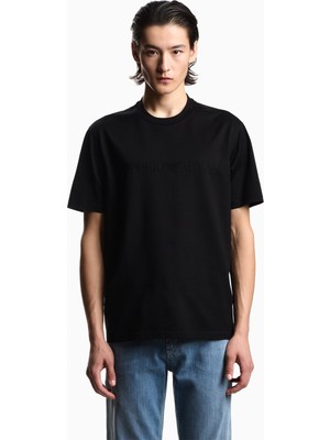 Emporio Armani Erkek Normal Kesim Dokulu Logo Detaylı Yuvarlak Yakalı Pamuklu Kısa Kollu Siyah2 T-Shirt EM004593 AF10762-FC302