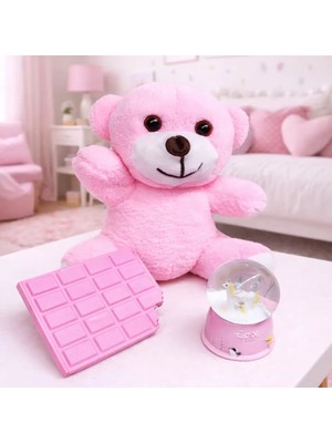 Fta Ticaret Pembe Peluş Ayıcık, Kar Küresi ve Pembe Çikolata Not Defteri Hediye Seti