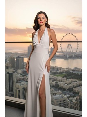 Neşeli Butik Kadın Beyaz Sırt Dekolteli Bağlama Detaylı Derin Yırtmaçlı Maxi Boy Elbise NBDF225