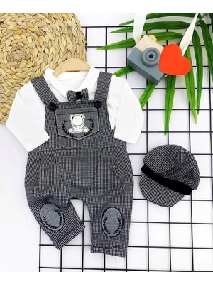 Uravas Store 3-6-9-12 Ay Papyonlu Kırçıl Nakış Detaylı Kasket Şapkalı Uzun Kollu 3lü Erkek Bebek Spet Takımı Gri