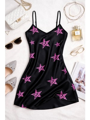 TKÇ Ieg™ Tegan Yıldız Desenli Siyah Askılı Saten Gecelik