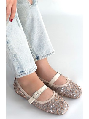 Erbilden Kadın Payetli Babet Ayakkabı Bej Ortopedik Iç Taban