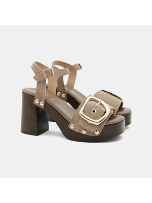 Desa Kadın Vizon Metal Tokalı Platform Topuklu Süet Sandalet