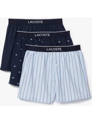 Lacoste Woven 100% Satin Cotton Mens 3lü Düğmeli Dokuma Saten Pamuk Boxer Mavi Lacivert