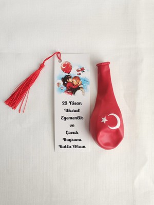 Minik Adımlar 10 Adet 23 Nisan Hediyesi Püsküllü Kitap Ayracı ve Ay Yıldız Baskılı Balon Okul Hediye