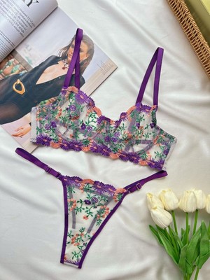 Ecs Butik Violet Çiçek Desenli Dantelli Transparan Sütyen & Tanga Takımı