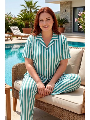 Remsa Büyük Beden Kadın Kısa Kol Milan Kumaş Pijama Takımı 50501-1970 YEŞIL01