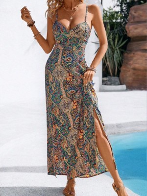 İlk El Grup Ieg™ Kadın Ip Askılı Arkadan Çapraz Kesim Detaylı Uzun Desenli Süprem Elbise