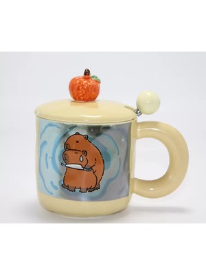 Store Mania Ieg™ Capybara Desenli Kapaklı Kaşıklı Porselen Kupa Bardak