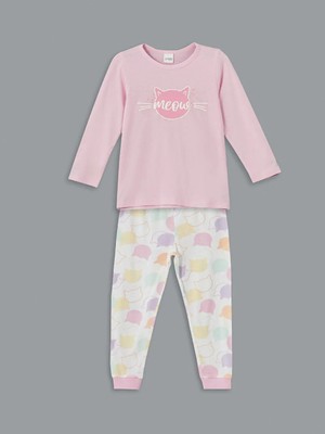 LC Waikiki Lcw Kids Pembe Bisiklet Yaka Baskılı Kız Çocuk Pijama Takımı
