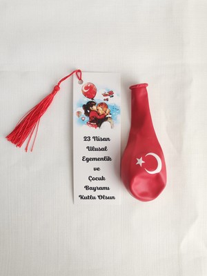 Minik Adımlar 100 Adet 23 Nisan Hediyesi Püsküllü Kitap Ayracı ve Ay Yıldız Baskılı Balon Okul Hediye