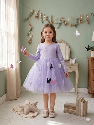 Lina Baby Bloomm Uzun Kollu Kız Bebek Elbise Tül Etekli Fiyonklu Şık Model