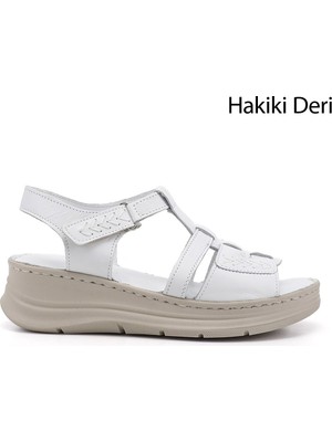 Gönderi(r) Kadın 001-Beyaz  Cırt Bantlı Dolgu Topuk Hakiki Deri Sandalet