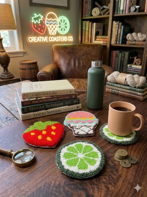 Gaonk El Yapımı Punch Nakış Meyve Konseptli 3’lü Bardak Altlığı Seti - Çilek Dondurma Lime Mutfak Dekor