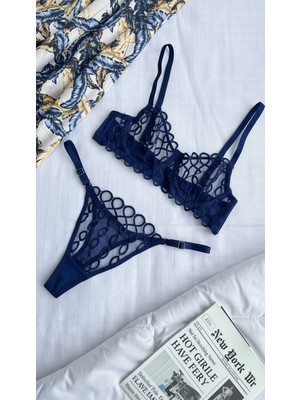 Ecs Butik Saks Mavisi Transparan Zincir Işlemeli Kapsız Balenli Bralet & Tanga Takımı