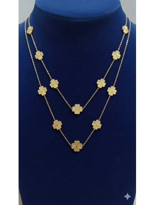 Bella Kadın Yonca Çicek Model Çift Zincirli Paslanmaz Çelik Kolye