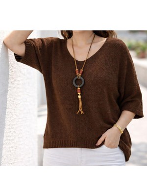 İkom V Yaka Oversize Merserize Dokulu Mevsimlik Örme Kazak