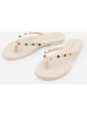 Marjin Kadın Parmak Arası Yuvarlak Burun Renkli Taşlı Günlük Terlik Selvera Ekru