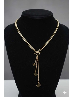 Bella Kadın Sallantı Kelebek Model Yassı Bakla Zincirli Paslanmaz Çelik Kolye