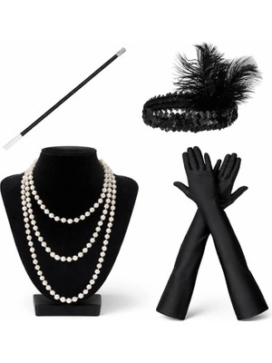 MiraLive 1920’LER Çarliston Aksesuar Seti – Inci Kolye, Eldiven, Sigara Tutucu, Siyah Saç Bandı