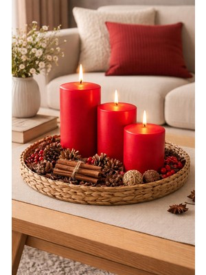 İzmir Candle 3'lü Silindir Mum Seti Kırmızı 7*7/10/15