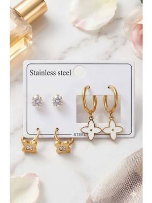 Bella Kadın 3lü Çiçek Model Paslanmaz Çelik Küpe