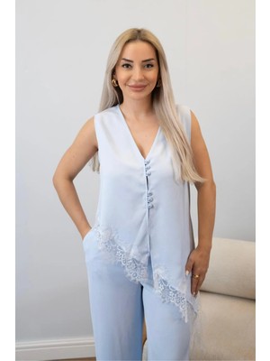 Muna Boutique Mavi Asimetrik Kesim Dantel Detaylı Kemerli Kadın Alt Üst Takım