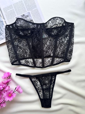 Ecs Butik Siyah Dantelli Korseli Bralet & Tanga Takımı