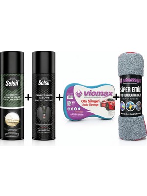 Selsil Emniyet Kemeri Yağlayıcı Sprey 200 ml + Selsil Şeffaf Silikon Sprey 500 ml + Araç Bakım Süngeri + Süper Emici Oto Kurulama Bezi 50X70 cm